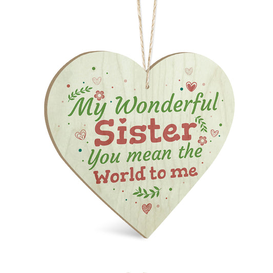 My Wonderful Sister You Mean The World To Me Wooden Heart Sign Plaque Ornament Gift Keepsake