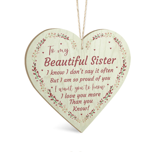 To My Beautiful Sister I Love You Wooden Heart Sign Plaque Ornament Gift Keepsake