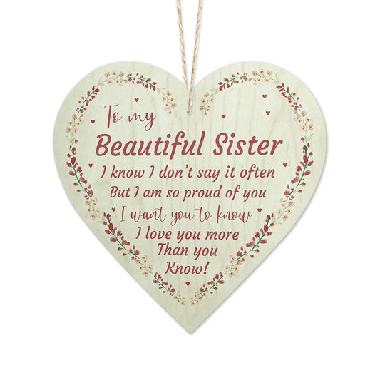To My Beautiful Sister I Love You Wooden Heart Sign Plaque Ornament Gift Keepsake