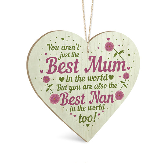 Best Mum & Nan In the World Wooden Heart Sign Plaque Ornament Birthday Mother's Day Gift