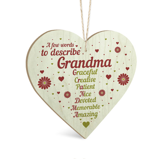 A Few Words To Describe Grandma Wooden Heart Sign Plaque Ornament Gift Keepsake