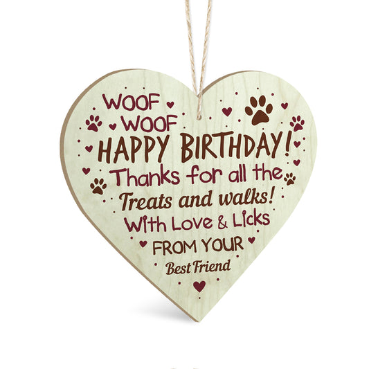 Woof Woof Happy Birthday Dog Wooden Heart Sign Plaque Ornament Gift Keepsake