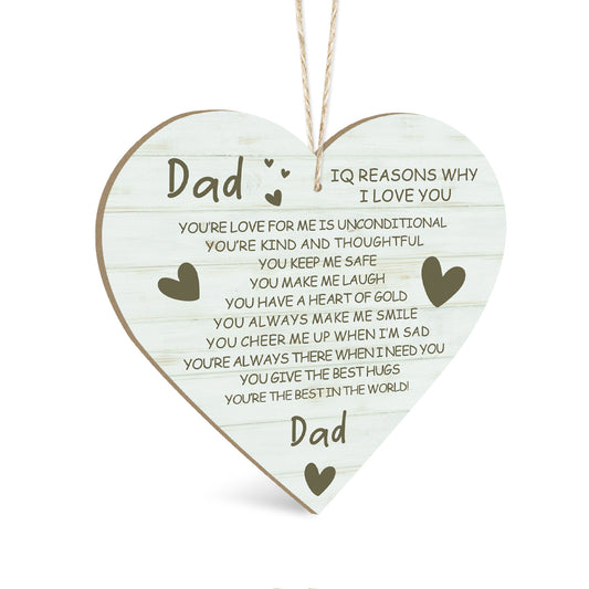 Dad IQ Reasons Why I Love You Wooden Heart Sign Plaque Ornament Gift Keepsake