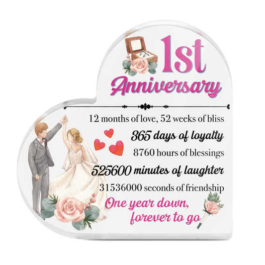 1st Anniversary Wife Husband Marriage Heart-Shaped Block Acrylic Plaque Gift Free-Standing Sign Keepsake For Wife Husband Partner Couples For Birthday Valentine's Day Anniversary