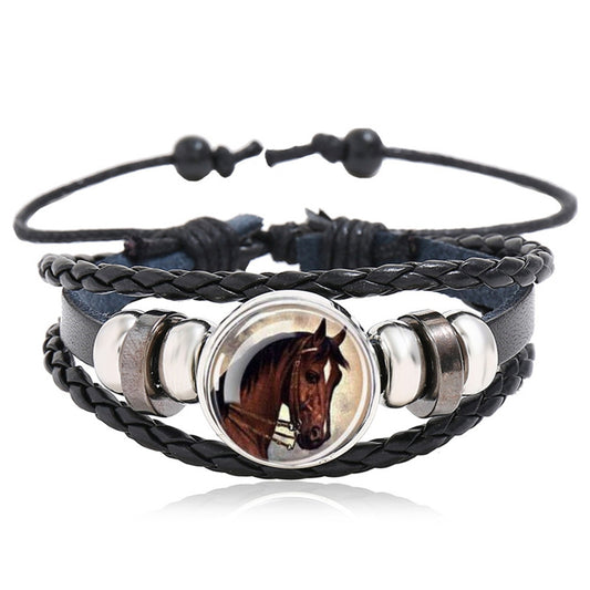 Unisex Leather Horse Glass Charm Wristband Bracelet Weave Bangle Steampunk Bohemian Unisex Wristband