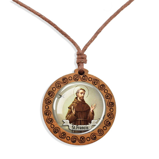 12 Saints Retro Vintage Ethnic Spiritual Wooden Pendant Encased Glass Dome Bohemian Unisex Necklace Adjustable 45-86cm