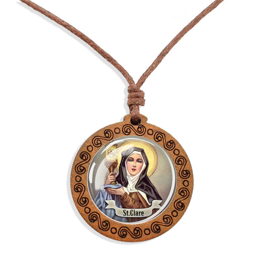 12 Saints Retro Vintage Ethnic Spiritual Wooden Pendant Encased Glass Dome Bohemian Unisex Necklace Adjustable 45-86cm