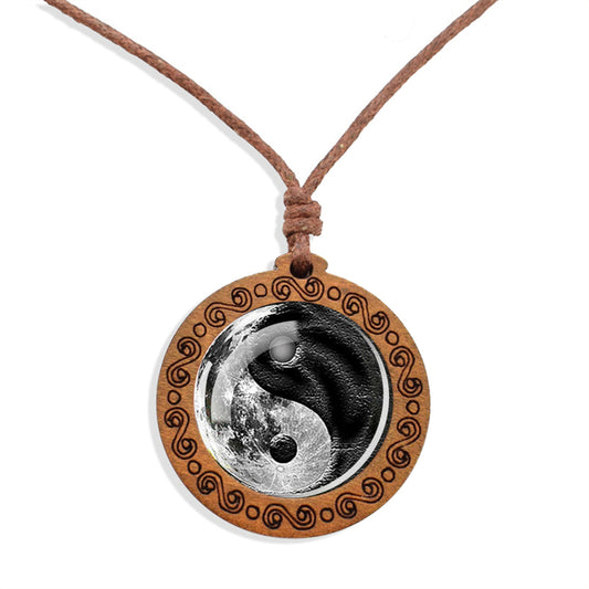 Boho Yin Yang Shadows Ethnic Spiritual Wooden Pendant Encased Glass Dome Bohemian Unisex Necklace Adjustable 45-86cm