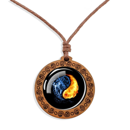 Boho Yin Yang Fire & Water Ethnic Spiritual Wooden Pendant Encased Glass Dome Bohemian Unisex Necklace Adjustable 45-86cm