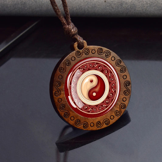 Boho Yin Yang Red Chakra Ethnic Spiritual Wooden Pendant Encased Glass Dome Bohemian Unisex Necklace Adjustable 45-86cm