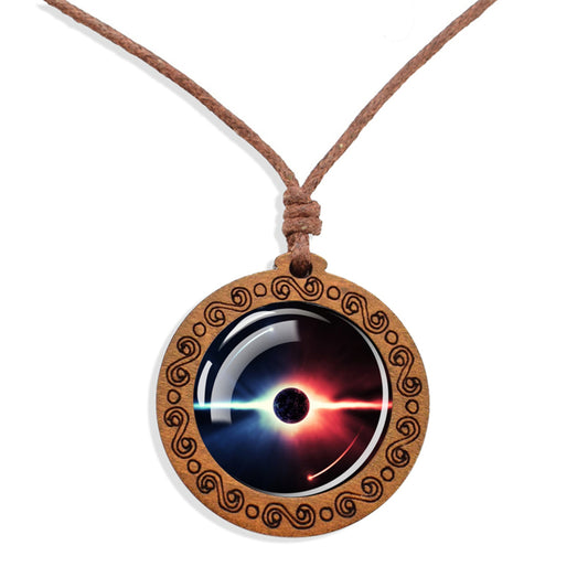 Boho Yin Yang Cosmic Ethnic Spiritual Wooden Pendant Encased Glass Dome Bohemian Unisex Necklace Adjustable 45-86cm