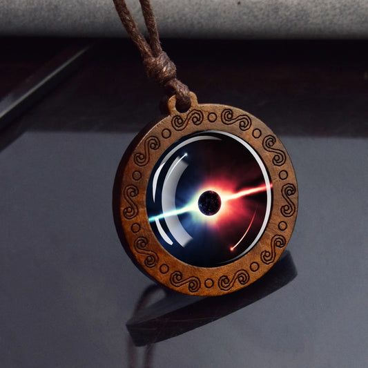 Boho Yin Yang Cosmic Ethnic Spiritual Wooden Pendant Encased Glass Dome Bohemian Unisex Necklace Adjustable 45-86cm