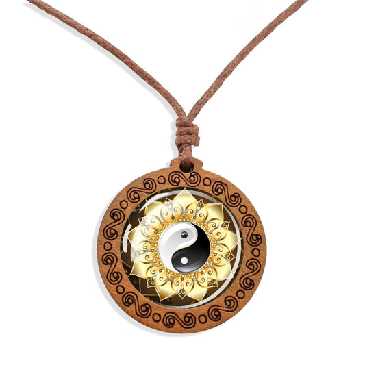 Boho Yin Yang Floral Ethnic Spiritual Wooden Pendant Encased Glass Dome Bohemian Unisex Necklace Adjustable 45-86cm