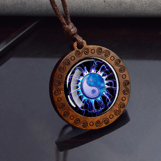Boho Yin Yang Electro Ethnic Spiritual Wooden Pendant Encased Glass Dome Bohemian Unisex Necklace Adjustable 45-86cm