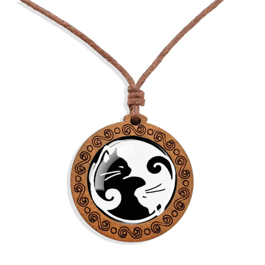 Boho Yin Yang Cats Ethnic Spiritual Wooden Pendant Encased Glass Dome Bohemian Unisex Necklace Adjustable 45-86cm