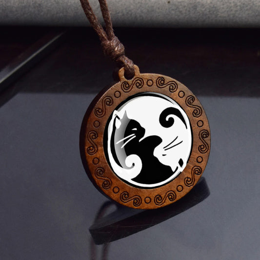 Boho Yin Yang Cats Ethnic Spiritual Wooden Pendant Encased Glass Dome Bohemian Unisex Necklace Adjustable 45-86cm
