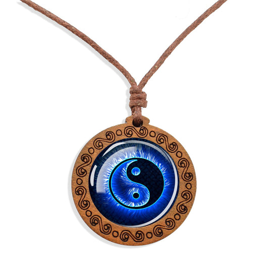 Boho Yin Yang Whirl Ethnic Spiritual Wooden Pendant Encased Glass Dome Bohemian Unisex Necklace Adjustable 45-86cm