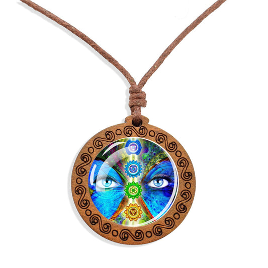 Boho Chakra Eyes Ethnic Spiritual Wooden Pendant Encased Glass Dome Bohemian Unisex Necklace Adjustable 45-86cm