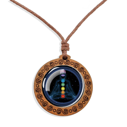 Boho 7 Chakras Cosmic Ethnic Spiritual Wooden Pendant Encased Glass Dome Bohemian Unisex Necklace Adjustable 45-86cm