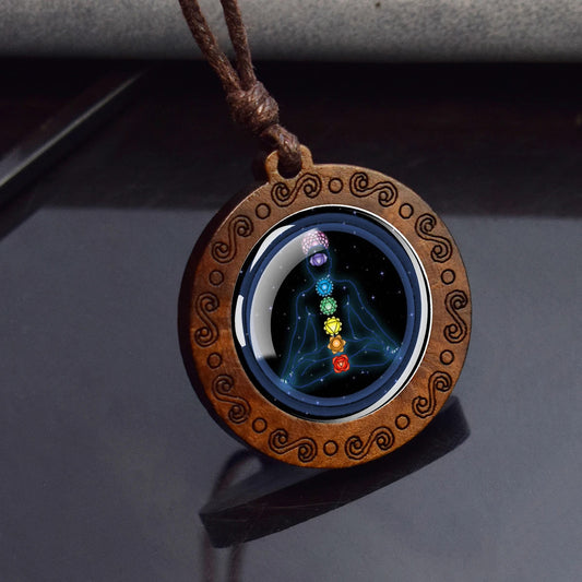 Boho 7 Chakras Cosmic Ethnic Spiritual Wooden Pendant Encased Glass Dome Bohemian Unisex Necklace Adjustable 45-86cm
