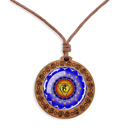 Boho Chakra Mandala Buddha Ethnic Spiritual Wooden Pendant Encased Glass Dome Bohemian Unisex Necklace Adjustable 45-86cm