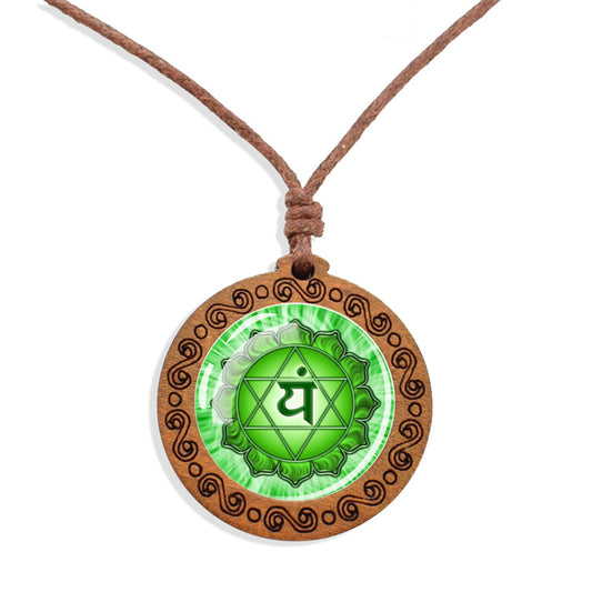 Boho Chakra Mandala Buddha Ethnic Spiritual Wooden Pendant Encased Glass Dome Bohemian Unisex Necklace Adjustable 45-86cm