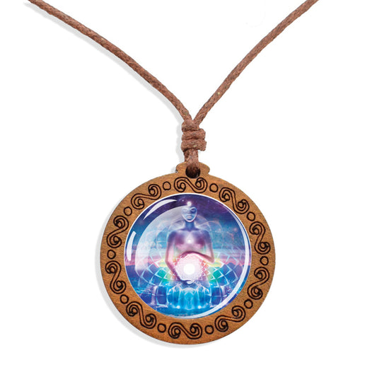Boho 7 Chakras Transcendant Ethnic Spiritual Wooden Pendant Encased Glass Dome Bohemian Unisex Necklace Adjustable 45-86cm