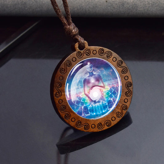 Boho 7 Chakras Transcendant Ethnic Spiritual Wooden Pendant Encased Glass Dome Bohemian Unisex Necklace Adjustable 45-86cm
