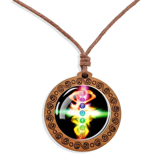 Boho 7 Chakras Classic Ethnic Spiritual Wooden Pendant Encased Glass Dome Bohemian Unisex Necklace Adjustable 45-86cm