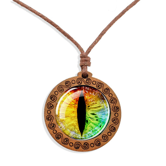 Boho Lizard Eye Animal Wooden Pendant Encased Glass Dome Bohemian Unisex Necklace Adjustable 45-86cm