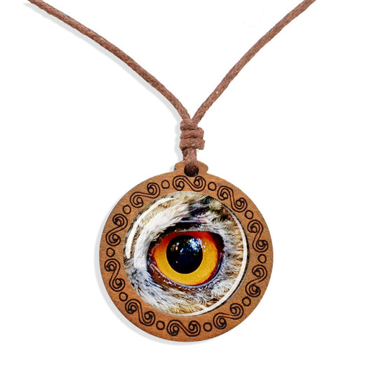 Boho Owl Eye Animal Wooden Pendant Encased Glass Dome Bohemian Unisex Necklace Adjustable 45-86cm