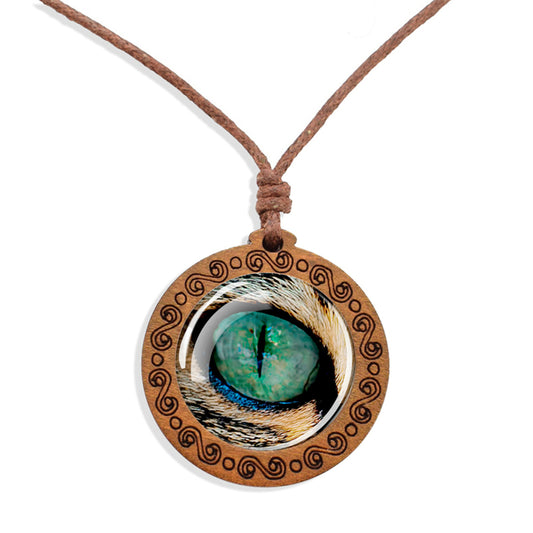 Boho Lion Eye Animal Wooden Pendant Encased Glass Dome Bohemian Unisex Necklace Adjustable 45-86cm