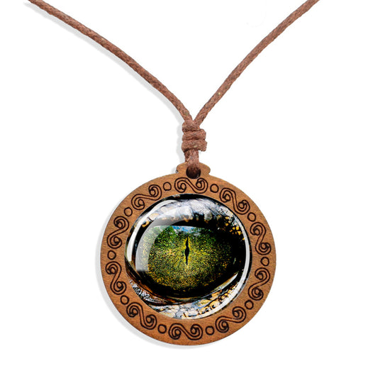 Boho Alligator Eye Animal Wooden Pendant Encased Glass Dome Bohemian Unisex Necklace Adjustable 45-86cm