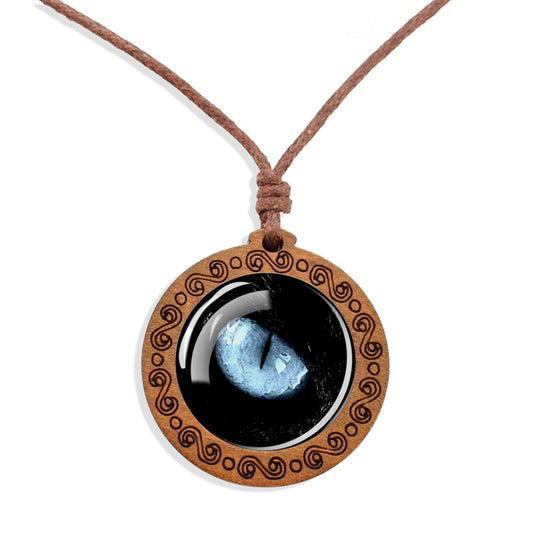 Boho Dragon Eye Mythical Wooden Pendant Encased Glass Dome Bohemian Unisex Necklace Adjustable 45-86cm