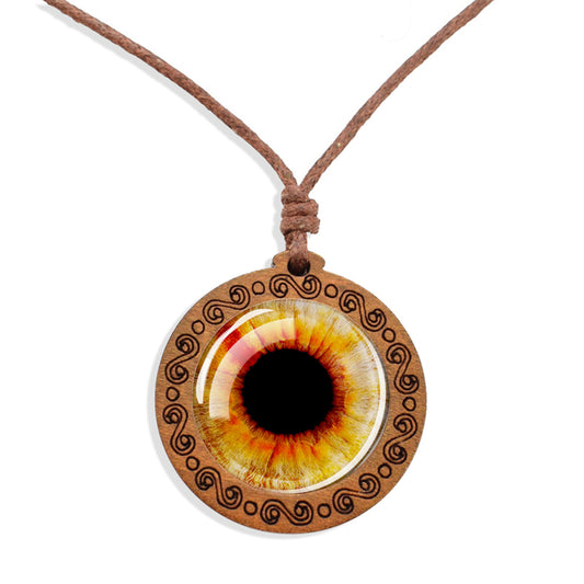 Boho Eagle Eye Animal Wooden Pendant Encased Glass Dome Bohemian Unisex Necklace Adjustable 45-86cm
