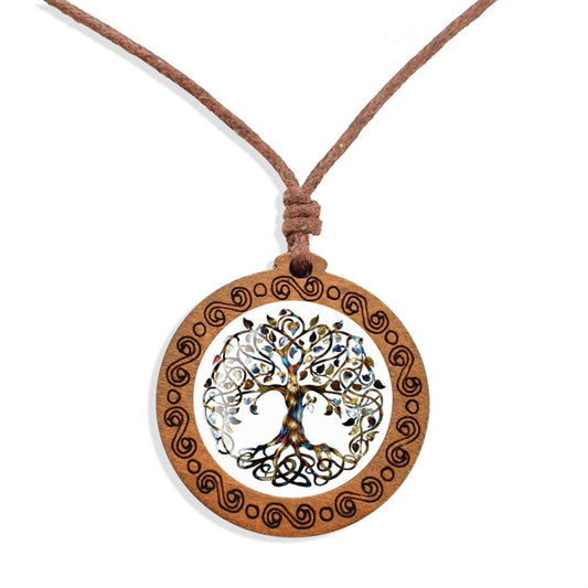 Entangled Tree Of Life Ethnic Spiritual Wooden Pendant Encased Glass Dome Bohemian Unisex Necklace Adjustable 45-86cm