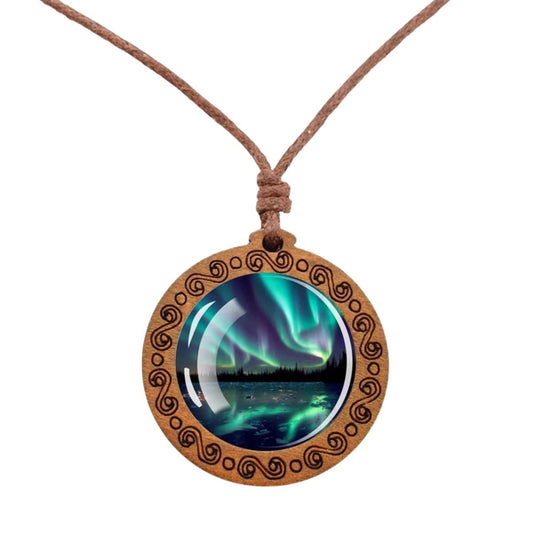 Boho Chic Aurora Northern Lights Ethnic Spiritual Wooden Pendant Encased Glass Dome Bohemian Unisex Necklace Adjustable 45-86cm