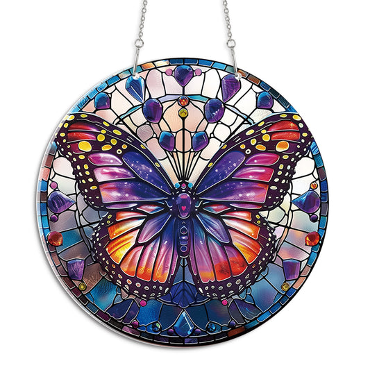 Purple Butterfly Round Acrylic Multi-Coloured Hanging Ornament Indoor/Outdoor Garden Window Conservatory Plaque Ready To Hang Sunlight Decor
