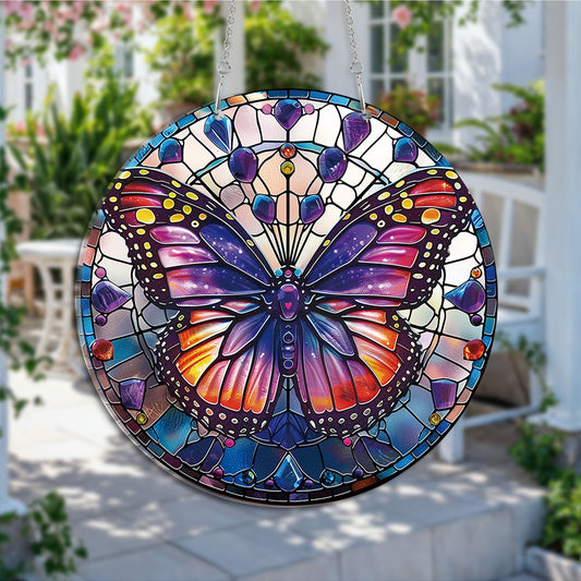 Purple Butterfly Round Acrylic Multi-Coloured Hanging Ornament Indoor/Outdoor Garden Window Conservatory Plaque Ready To Hang Sunlight Decor