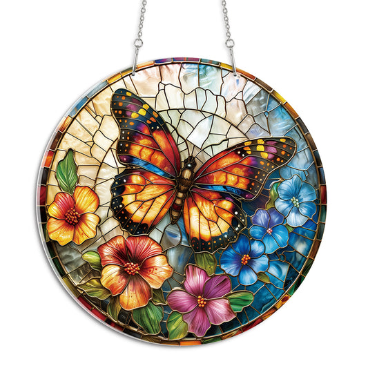 Buttefly Garden V3 Round Acrylic Multi-Coloured Hanging Ornament Indoor/Outdoor Garden Window Conservatory Plaque Ready To Hang Sunlight Decor