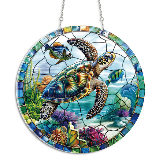 Sea Turtle Round Acrylic Multi-Coloured Hanging Ornament Indoor/Outdoor Garden Window Conservatory Plaque Ready To Hang Sunlight Decor