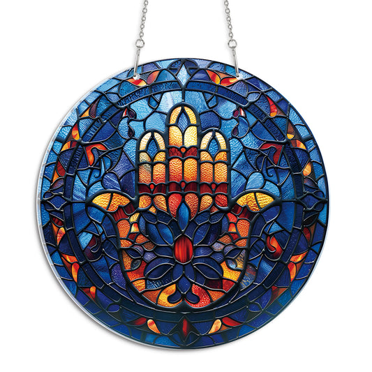 Hamsa Hand Round Acrylic Multi-Coloured Hanging Ornament Indoor/Outdoor Garden Window Conservatory Plaque Ready To Hang Sunlight Decor