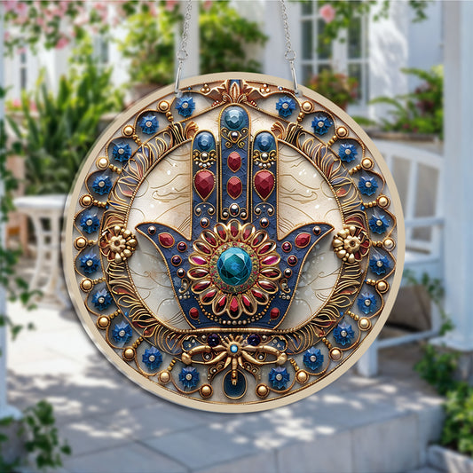 Hamsa Hand V2 Round Acrylic Multi-Coloured Hanging Ornament Indoor/Outdoor Garden Window Conservatory Plaque Ready To Hang Sunlight Decor