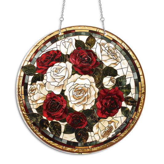 White Red Roses Round Acrylic Multi-Coloured Hanging Ornament Indoor/Outdoor Garden Window Conservatory Plaque Ready To Hang Sunlight Decor
