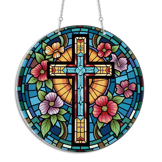 Ethnic Cross Round Acrylic Multi-Coloured Hanging Ornament Indoor/Outdoor Garden Window Conservatory Plaque Ready To Hang Sunlight Decor