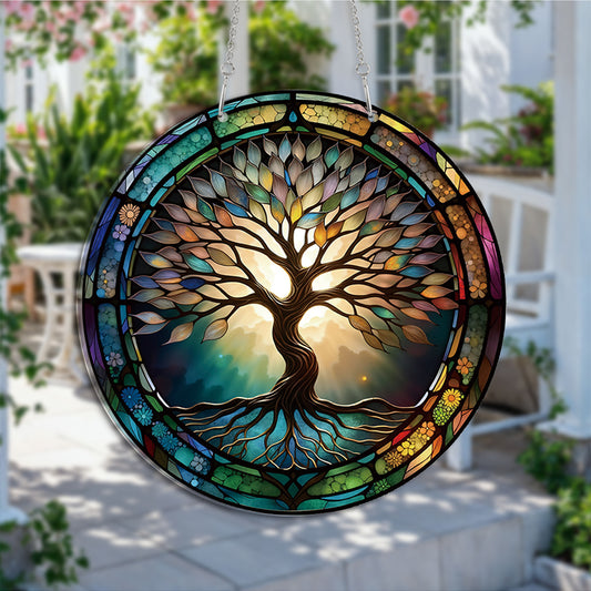Classic Tree Of Life Bohemian Round Acrylic Multi-Coloured Hanging Ornament Indoor/Outdoor Garden Window Conservatory Plaque Ready To Hang Sunlight Decor