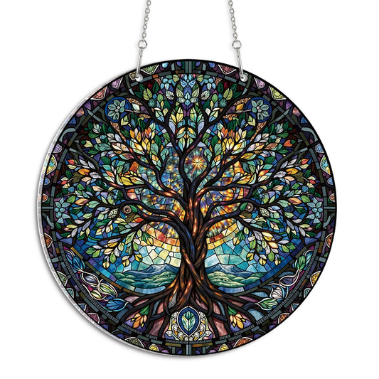 Ethnic Tree Of Life Bohemian Round Acrylic Multi-Coloured Hanging Ornament Indoor/Outdoor Garden Window Conservatory Plaque Ready To Hang Sunlight Decor