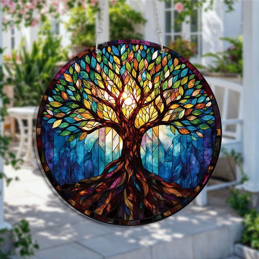Mystic Tree Of Life Round Acrylic Multi-Coloured Hanging Ornament Indoor/Outdoor Garden Window Conservatory Plaque Ready To Hang Sunlight Decor