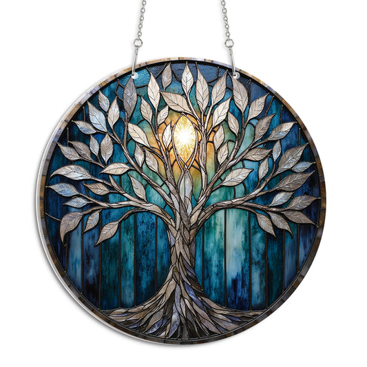 Blue Shade Tree Of Life Round Acrylic Multi-Coloured Hanging Ornament Indoor/Outdoor Garden Window Conservatory Plaque Ready To Hang Sunlight Decor