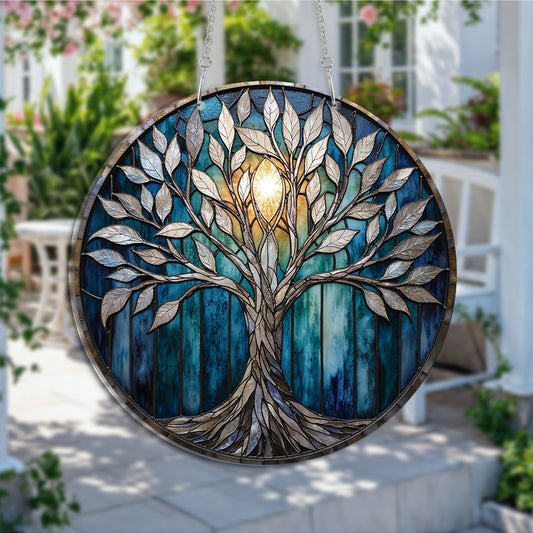 Blue Shade Tree Of Life Round Acrylic Multi-Coloured Hanging Ornament Indoor/Outdoor Garden Window Conservatory Plaque Ready To Hang Sunlight Decor